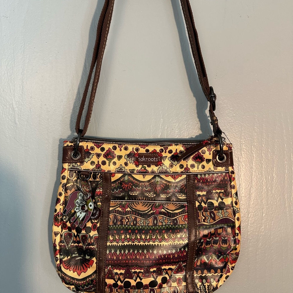 Sakroots brown tribal design crossbody bag